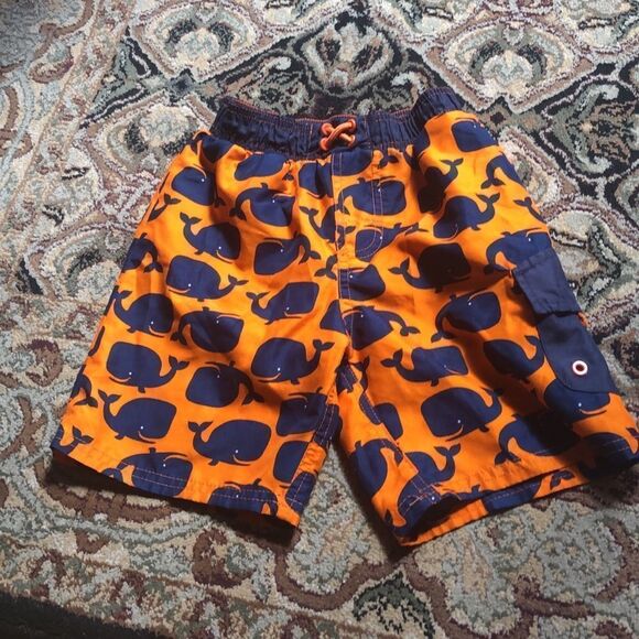 🍭 6/$30 Carter’s whale orange navy swim trunks 4T - Picture 1 of 5